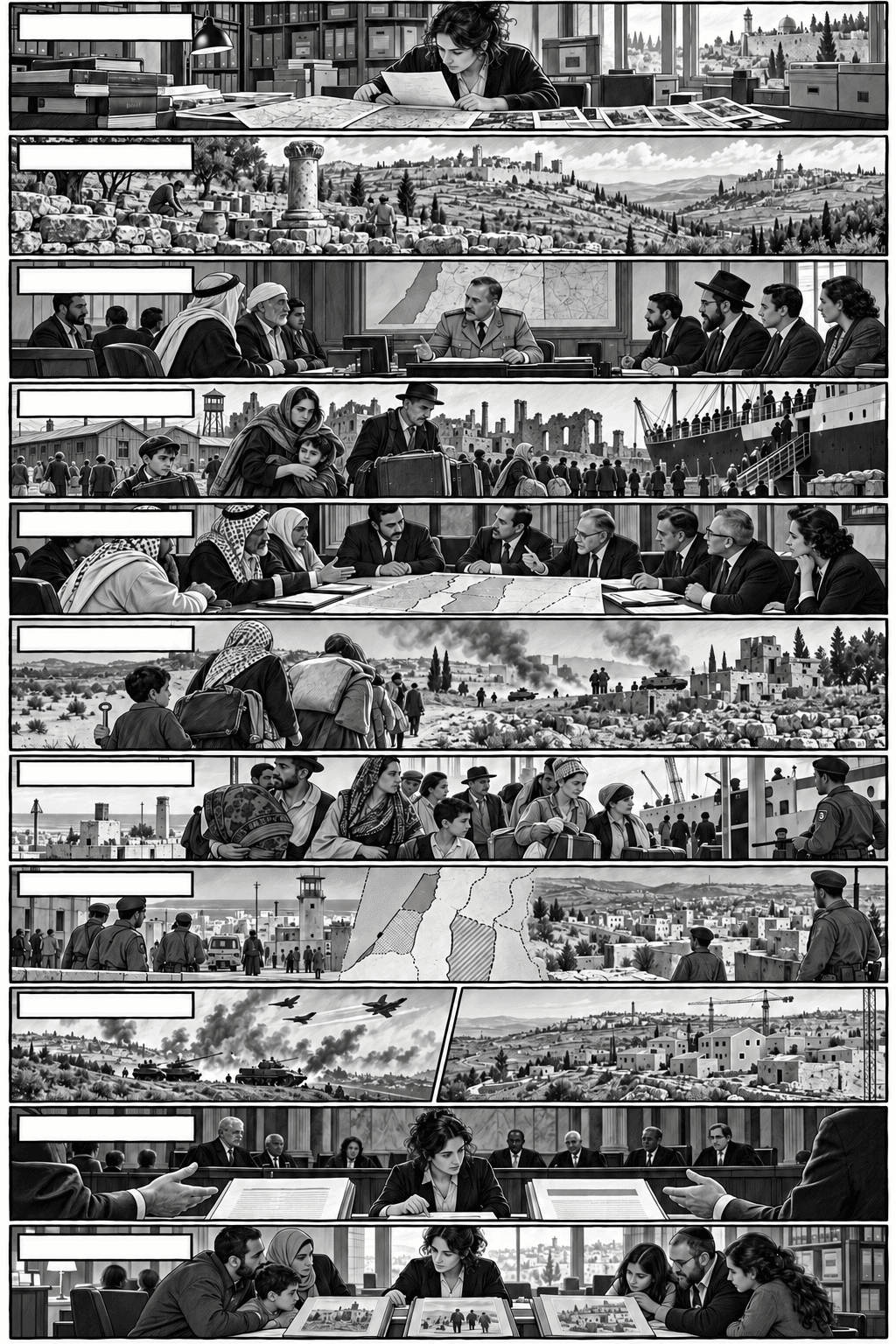 Eleven monochrome crosshatched comic panels show an archivist studying maps, ancient ruins, a Mandate-era meeting, Jewish survivors in a postwar displaced-persons camp beside a ship, leaders at a partition map, a Palestinian family fleeing, Jewish families moving across a border, civilians at a checkpoint beside a regional map, the 1967 battlefield beside new housing, judges at a hearing, and a family reviewing old photographs.