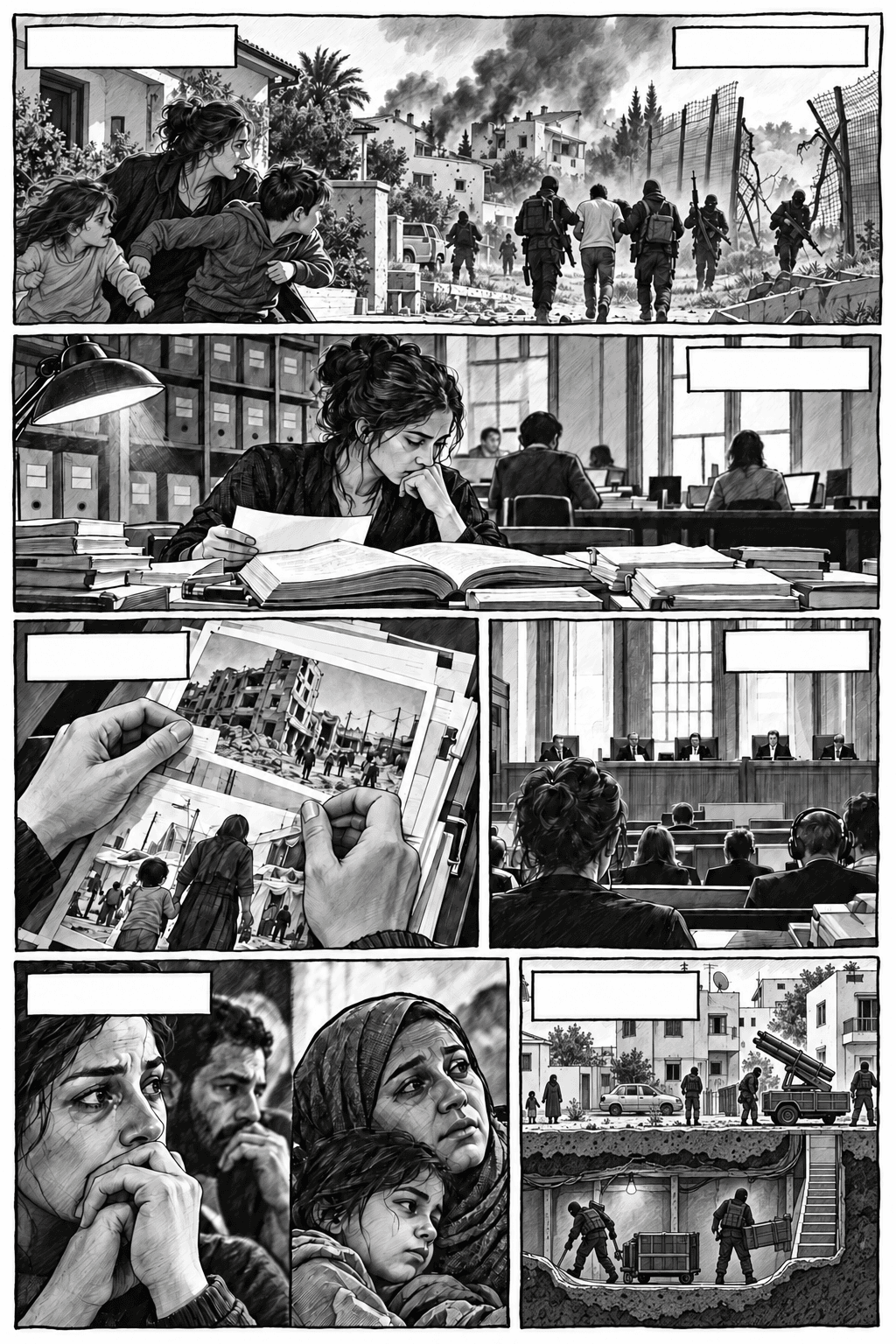 Black-and-white comic opens with civilians fleeing as armed men enter an Israeli border community on 7 October 2023. Later panels show research, Gaza destruction, a courtroom, civilian faces, and homes above a tunnel where armed figures move equipment.