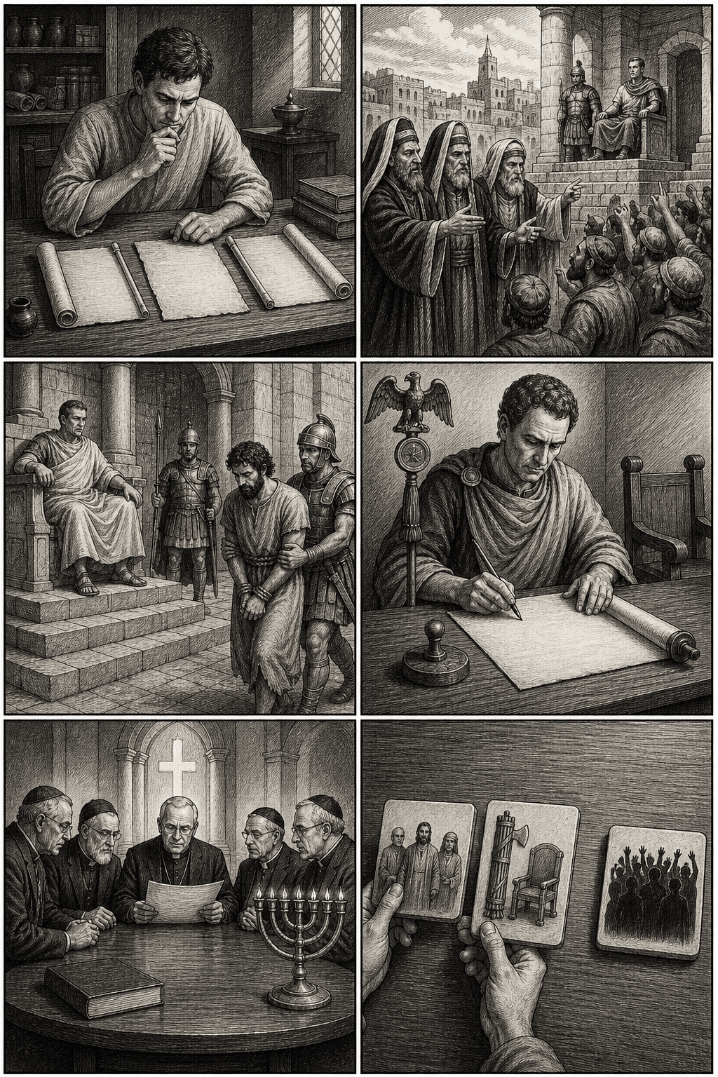 Six-panel monochrome comic with text-free art showing documents, ancient Jerusalem, Roman authority, a later historian, a church council document, and three symbolic tiles with collective blame set aside.