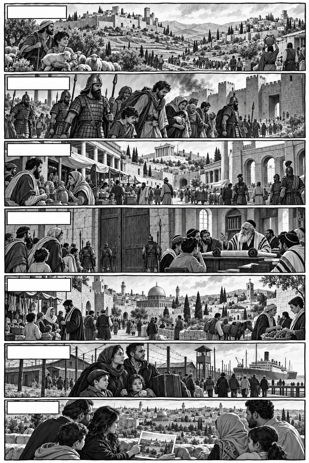 Seven monochrome ink comic panels trace ancient Israel and Judah, successive empires, Assyrian and Babylonian deportations, Roman exclusion from Jerusalem alongside Jewish life in Galilee, later Jewish communities, Holocaust survivors seeking refuge, and families reflecting on overlapping histories today.