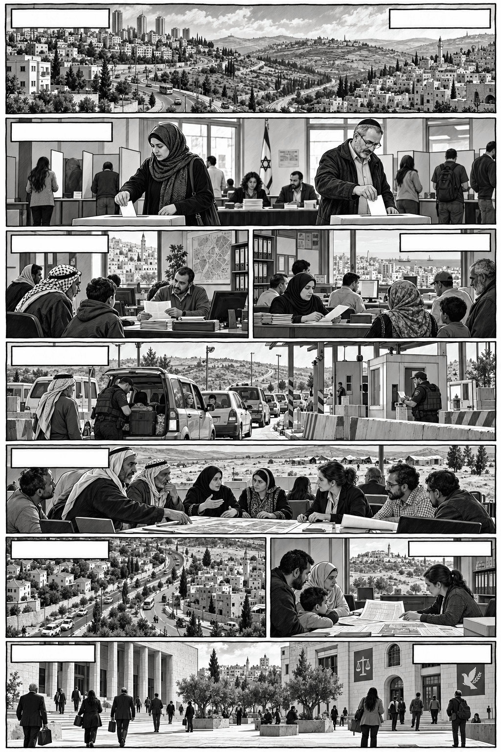 Monochrome ink comic panels show a shared regional landscape, Arab and Jewish citizens voting, Palestinian and Gaza governance, one West Bank checkpoint, community planning, land use, and court and civil-rights findings.